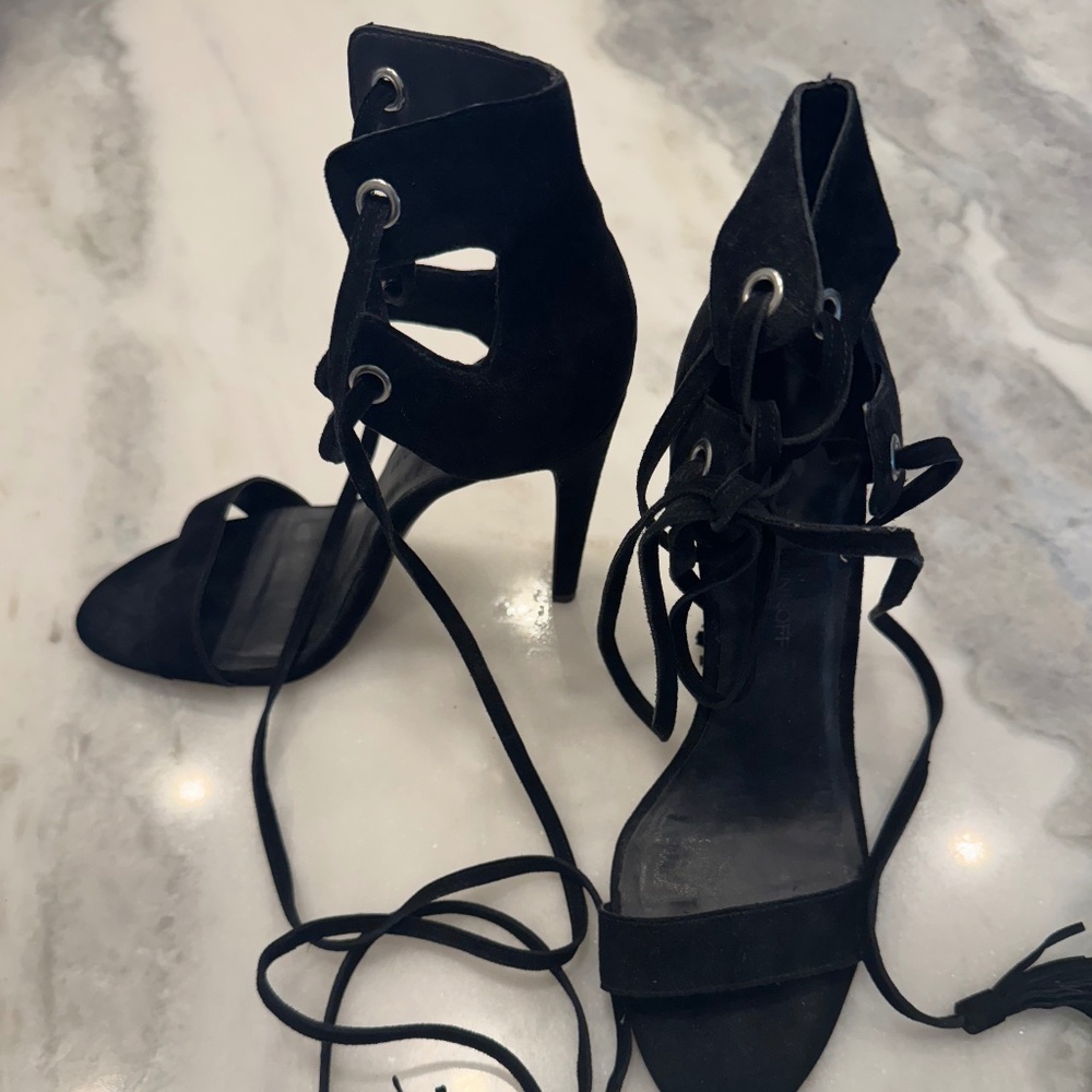 Black suede heels with tie